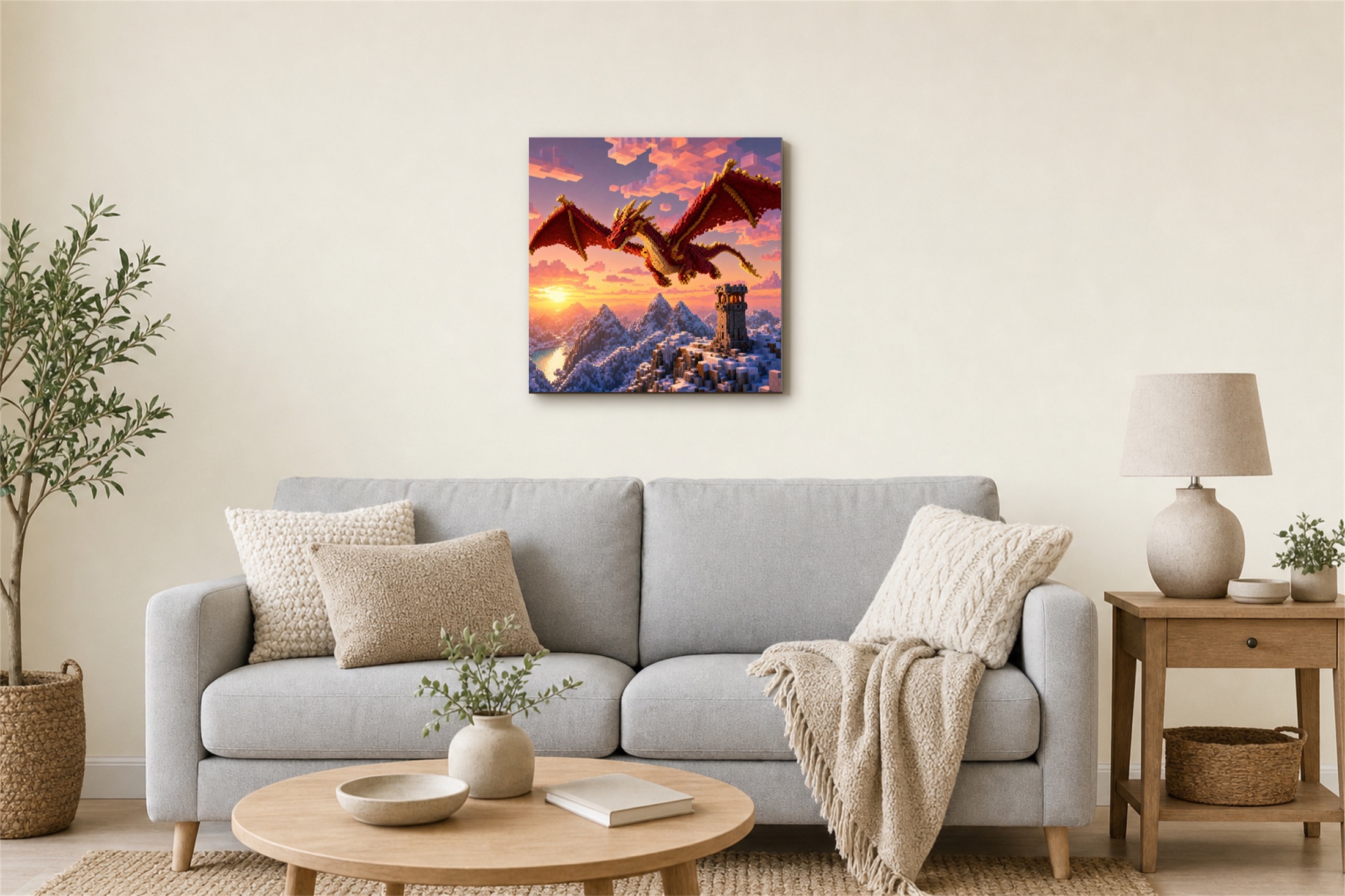 The dragon pixel art canvas hanging in a living room
